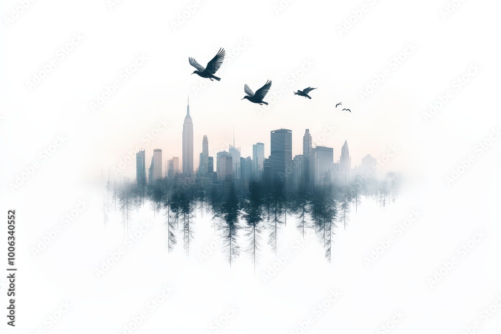 Soaring Migratory Birds Over Cityscape Illustration
