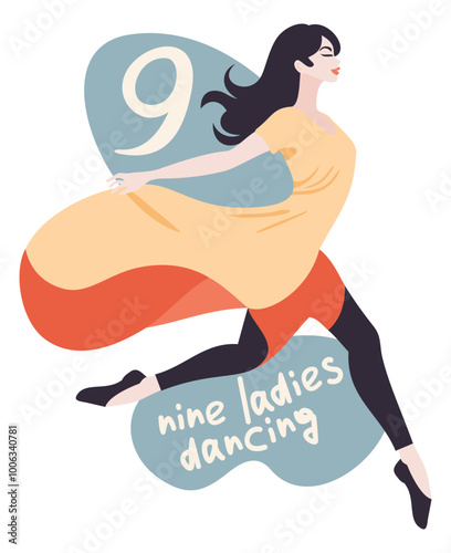 Nine ladies dancing. The twelve days of Christmas. English Christmas carol. Ninth day. Vector isolated illustration