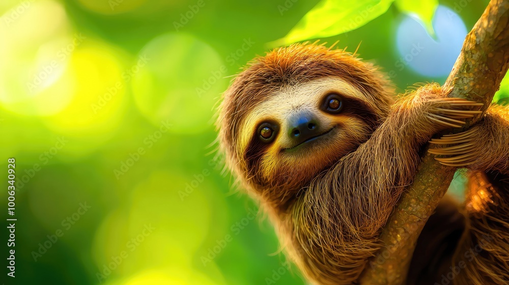 Cute sloth hanging on a tree branch in a lush green environment. Cute sloth hanging on a tree branch in a lush green environment.
