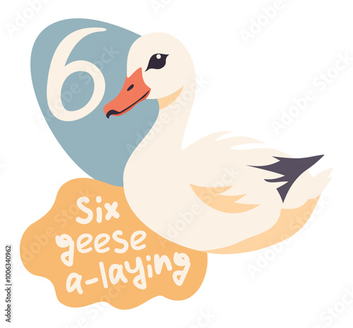 Six geese a-laying. The twelve days of Christmas. English Christmas carol. Sixth day. Vector isolated illustration