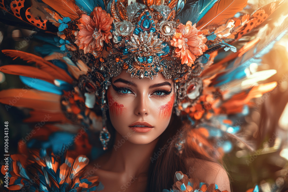 the God of Wealth, wearing an ornate headdress with flowers and feathers the God of Wealth, wearing an ornate headdress with flowers and feathers