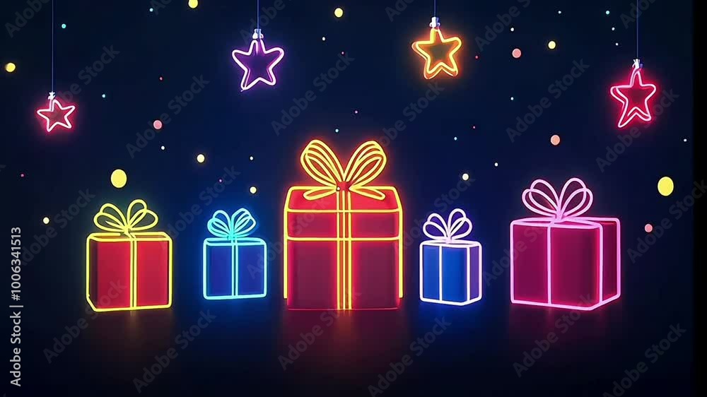 video of Christmas gifts with glowing neon light effect and hanging star ornament light, on black background, seamless loop video animation