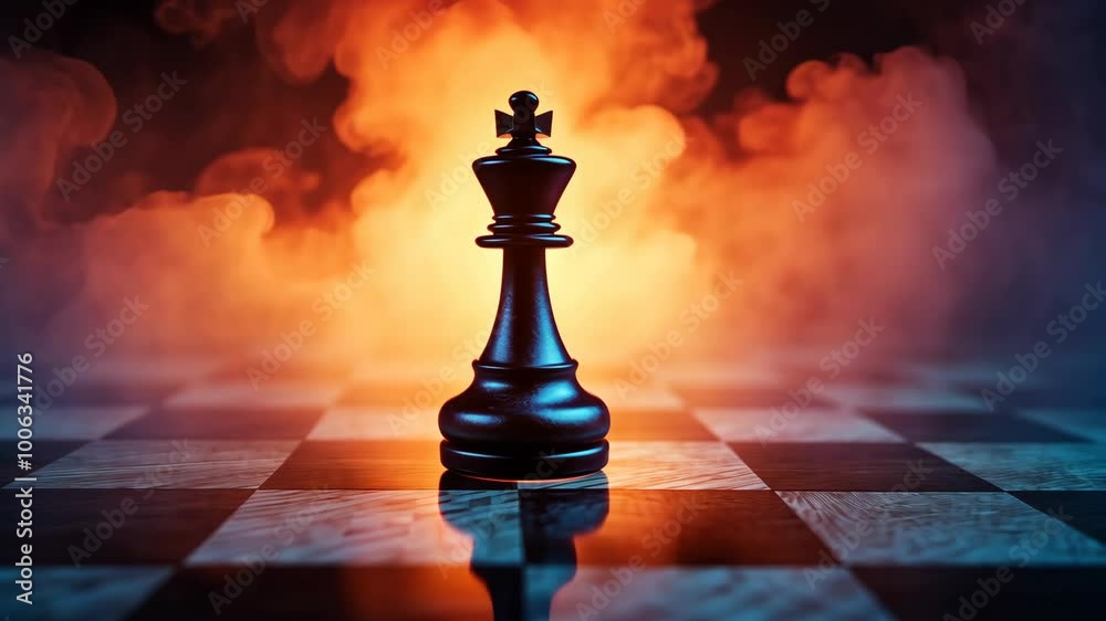 A black chess king stands on a checkered board in front of an orange and white smoke background