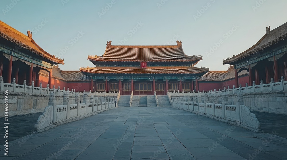 A serene photo of the Forbidden City in Beijing, with no visitors present, showcasing the intricate architecture and peaceful courtyards under a clear sky. A serene photo of the Forbidden City in Beijing, with no visitors present, showcasing the intricate architecture and peaceful courtyards under a clear sky.