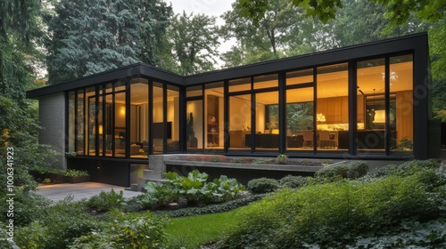 A stunning exterior view of a minimalist house with clean lines, large windows, and a simple color palette, surrounded by lush greenery, showcasing modern architectural design.