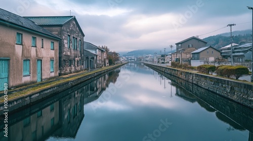 A serene photo of the Otaru Canal in Hokkaido, with no boats or tourists, capturing the peaceful waterway surrounded by old warehouses.