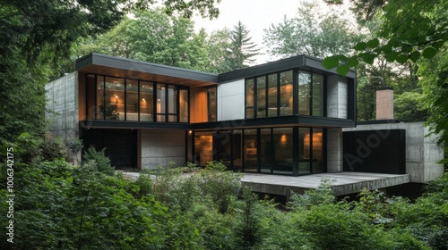 A stunning exterior view of a minimalist house with clean lines, large windows, and a simple color palette, surrounded by lush greenery, showcasing modern architectural design.