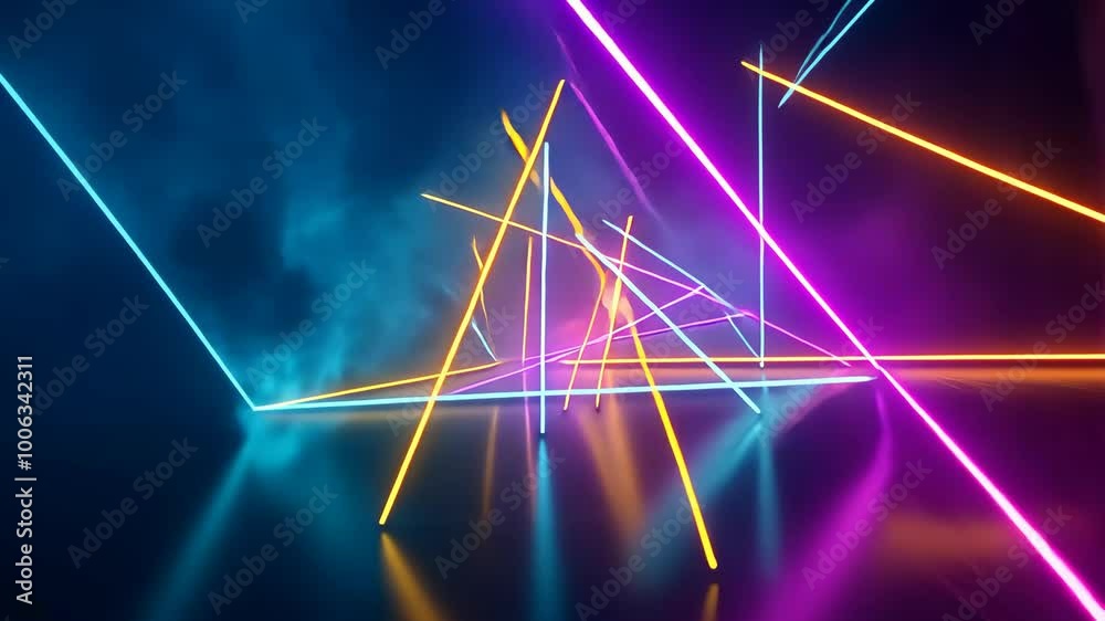 Bright neon lights intersect in a dark room with a blue haze