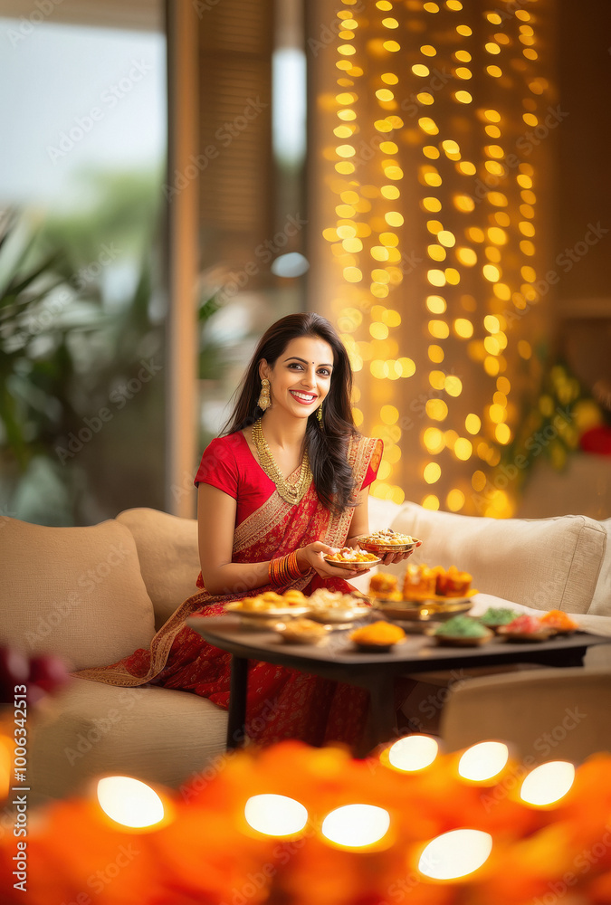 young indian woman holding indian sweet dishes on diwali festival