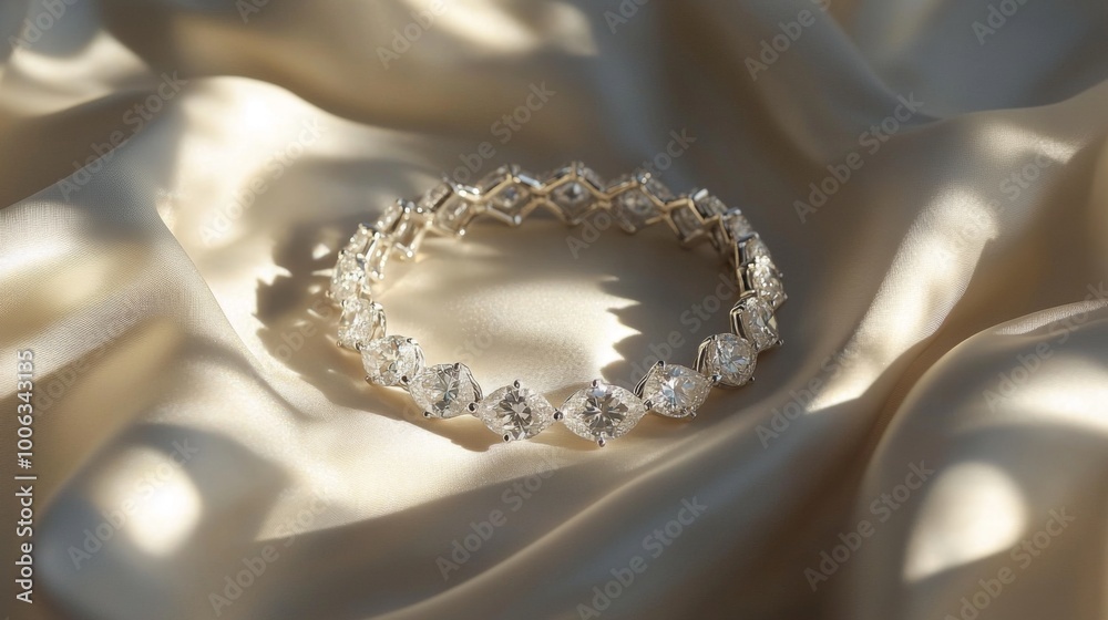 A stylish image of a diamond bracelet resting on a soft white cloth, showcasing the interplay of light and shadow, accentuating the design and beauty of the diamonds. A stylish image of a diamond bracelet resting on a soft white cloth, showcasing the interplay of light and shadow, accentuating the design and beauty of the diamonds.