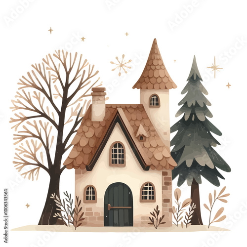 house in the forest. watercolor illustration of fairy-tale house