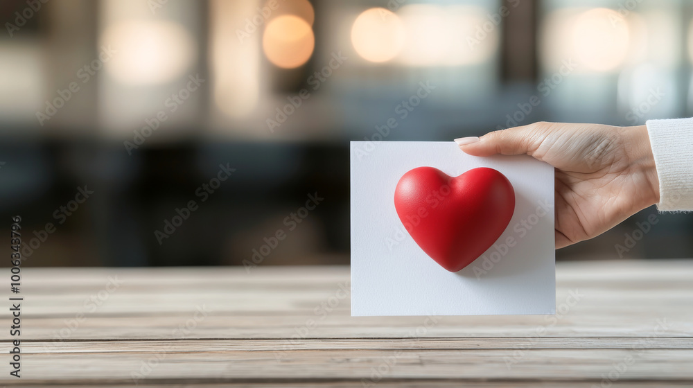 A hand holding a red heart on a card, symbolizing love and affection, set against a blurred bokeh background. A hand holding a red heart on a card, symbolizing love and affection, set against a blurred bokeh background.