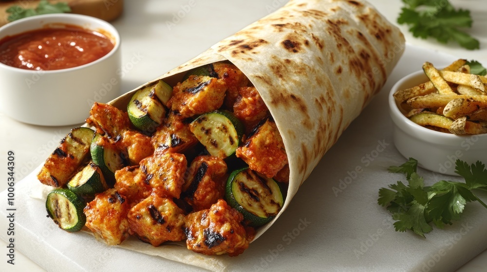 A warm wrap filled with grilled chicken and zucchini, accompanied by crispy fries A warm wrap filled with grilled chicken and zucchini, accompanied by crispy fries