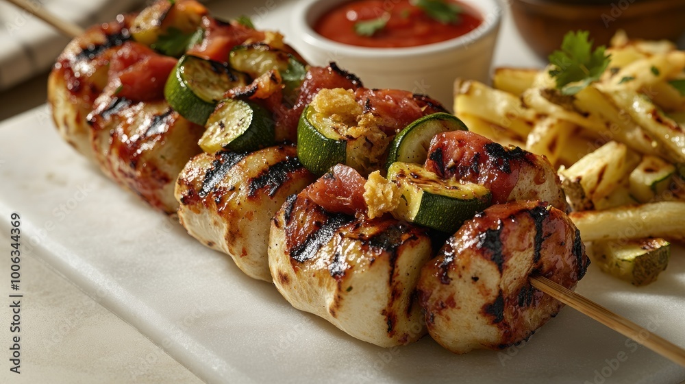 Juicy chicken and vibrant vegetables are artfully grilled and plated with fries Juicy chicken and vibrant vegetables are artfully grilled and plated with fries