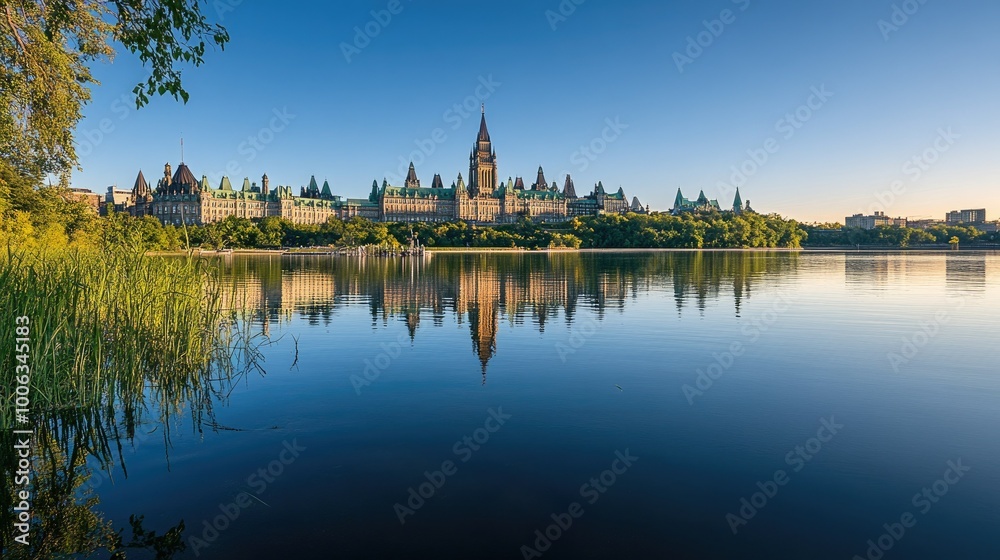 A view of the Parliament buildings in Ottawa, under clear skies, without crowds or people. A view of the Parliament buildings in Ottawa, under clear skies, without crowds or people.