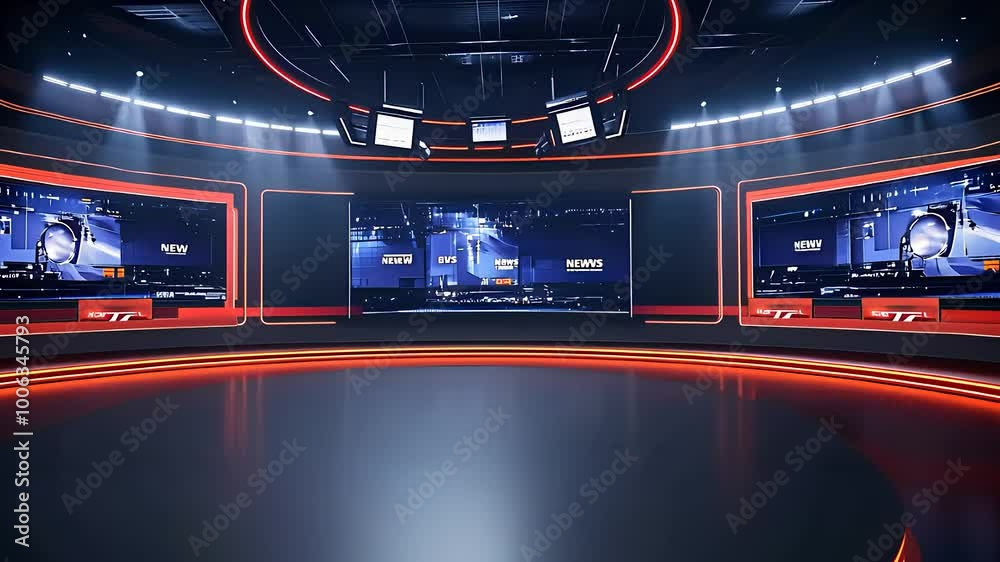  High-Tech Futuristic Sports Studio with Multiple Screens and LED Lighting