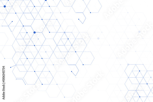 Abstract blue hexagon with dots, lines and arrows on white background