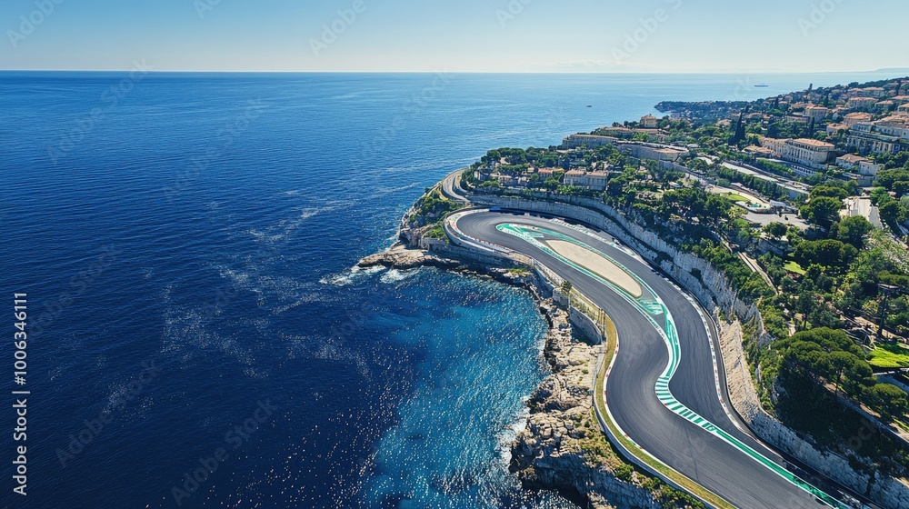 Aerial shot of the Monaco Grand Prix circuit with sharp turns and shimmering ocean in the background. Perfect blue skies, no people Aerial shot of the Monaco Grand Prix circuit with sharp turns and shimmering ocean in the background. Perfect blue skies, no people