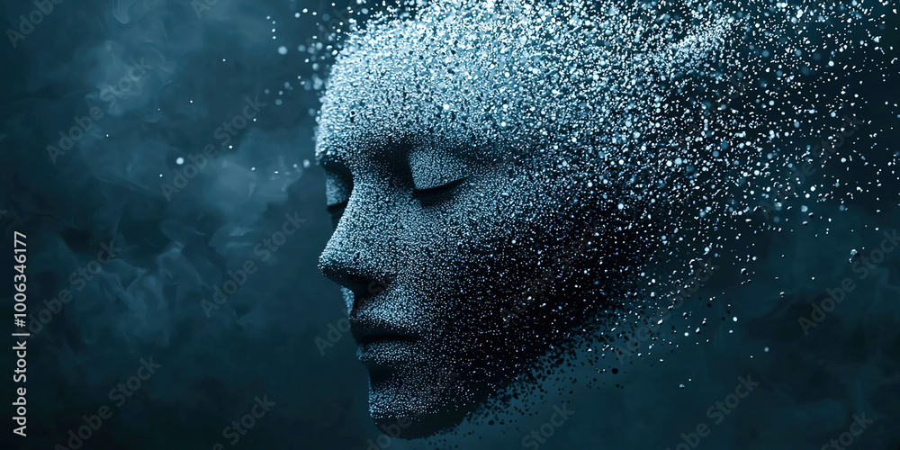 A face is shown in a blue background with a lot of white dots A face is shown in a blue background with a lot of white dots