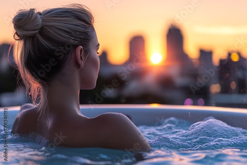 Young girl in the pool in the evening