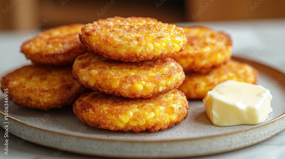 Golden corn fritters piled high on a rustic plate, inviting a savory delight Golden corn fritters piled high on a rustic plate, inviting a savory delight
