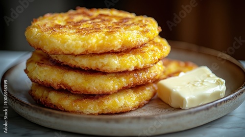 Stack of crispy potato pancakes paired with creamy butter awaits a tasty bite photo