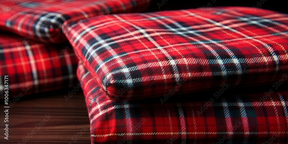 A stack of red, white, and black plaid cushions on a wooden surface, showcasing the intricate pattern and soft texture of the fabric. A stack of red, white, and black plaid cushions on a wooden surface, showcasing the intricate pattern and soft texture of the fabric.