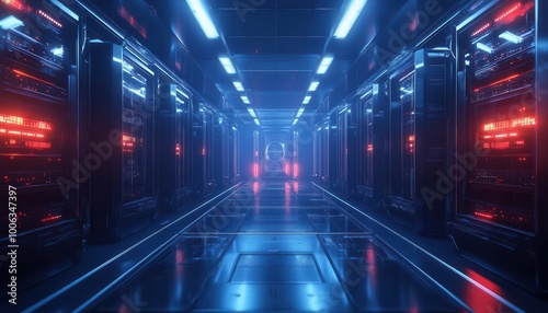 Cloud server room with sleek technology, vibrant lighting, futuristic design, high-tech atmosphere, photo-realism