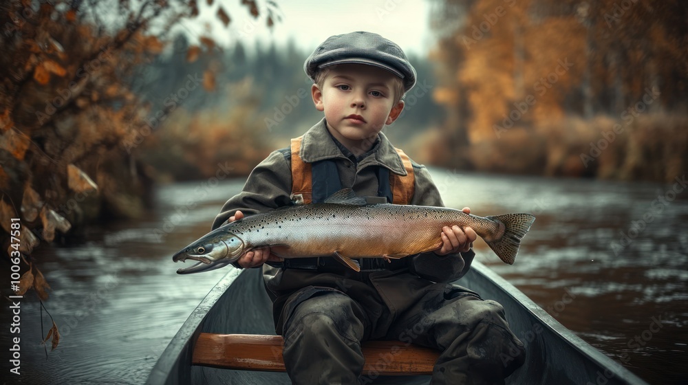 Young Boy in Canoe Holding Freshly Caught Fish in Scenic Mountain River Young Boy in Canoe Holding Freshly Caught Fish in Scenic Mountain River