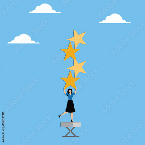 Working under high pressure, best quality requirement, perfectionism concept, Businesswoman carrying five stars aligned vertically on his back with fatigue