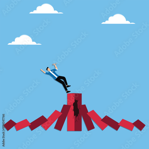 Small business impact from large business collapse, financial crisis, bankruptcy due to domino effect concept, Fall of big domino cause small dominoes fall down in order