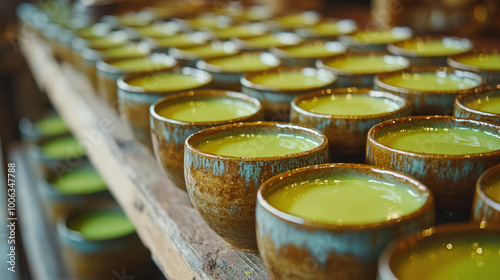 Delight in vibrant green Thai pandan custard cups, known as Khanom Thuay, beautifully arranged in rustic bowls. rich color and traditional presentation evoke sense of cultural heritage and culinary ar photo