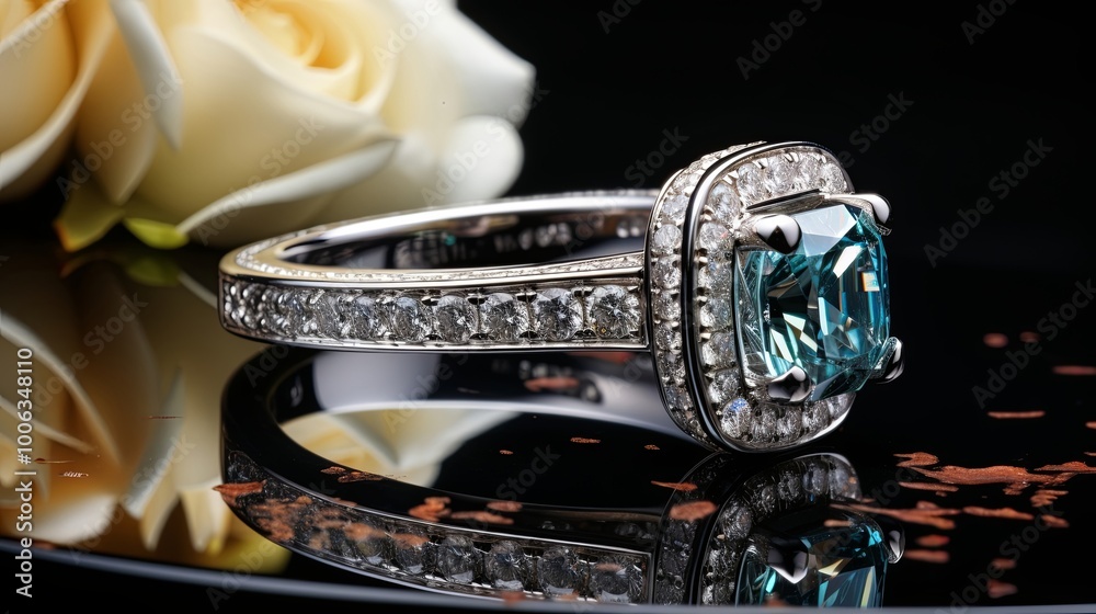 A sparkling blue gemstone ring rests on a black surface, adorned with shimmering diamonds, reflecting in the polished, metallic gleam. A sparkling blue gemstone ring rests on a black surface, adorned with shimmering diamonds, reflecting in the polished, metallic gleam.
