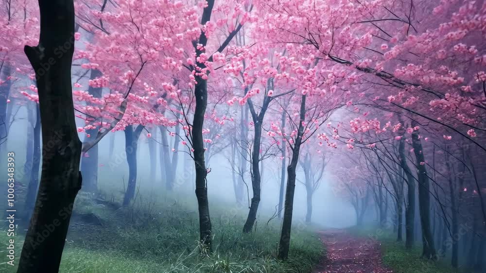 A misty path winds through a grove of cherry trees in full bloom