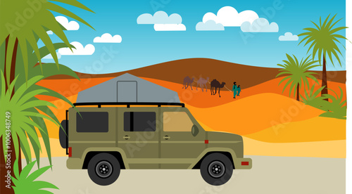 Illustration of an off-road vehicle driving in a desert with a roof tent. A caravan and palm trees can be seen in the background.