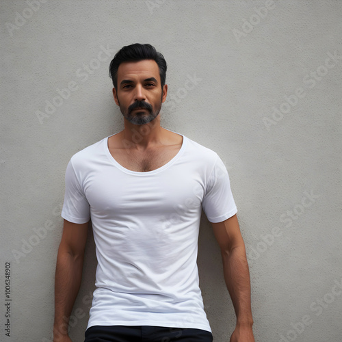 Handsome muscular man latino type with little grey beard wearing a thight white tshirt mockup grey wall background photo