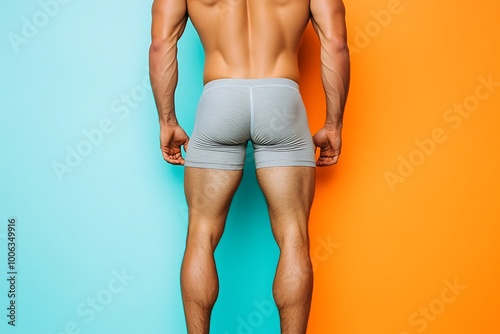 Muscular man in white underwear posing in the studio.