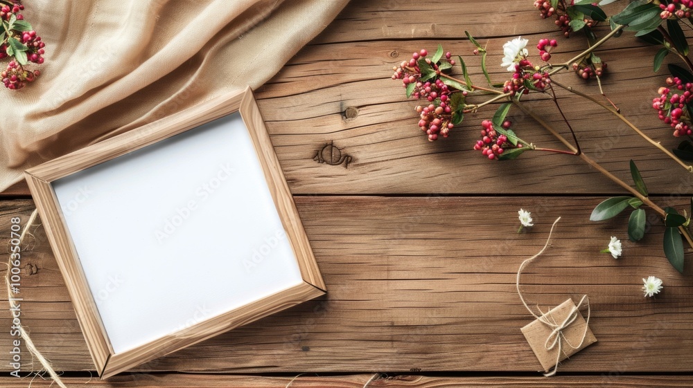 Blank wooden frame with rustic decorations on wooden table Blank wooden frame with rustic decorations on wooden table