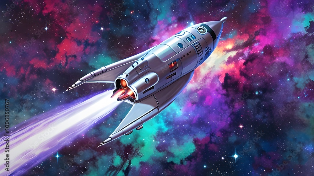 A futuristic rocket its metallic exterior reflecting the dazzling colors of the stars.