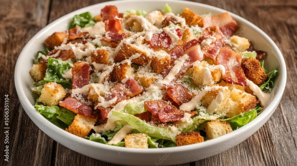 Caesar salad with crispy bacon, crunchy croutons, and parmesan cheese, served in a rustic white dish with creamy dressing. Caesar salad with crispy bacon, crunchy croutons, and parmesan cheese, served in a rustic white dish with creamy dressing.