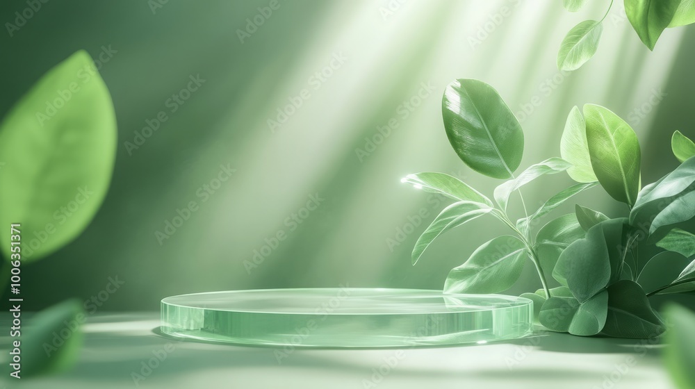 A serene display featuring green leaves and a glass platform. A serene display featuring green leaves and a glass platform.