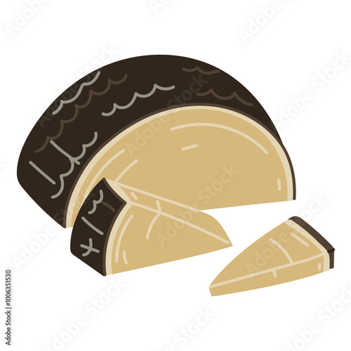 Hard cheese parmesan or pecorino half a circle with triangular pieces conveniently sliced, vector illustration highlighted on a white background. Group is isolated for the menu of dairy products cafes