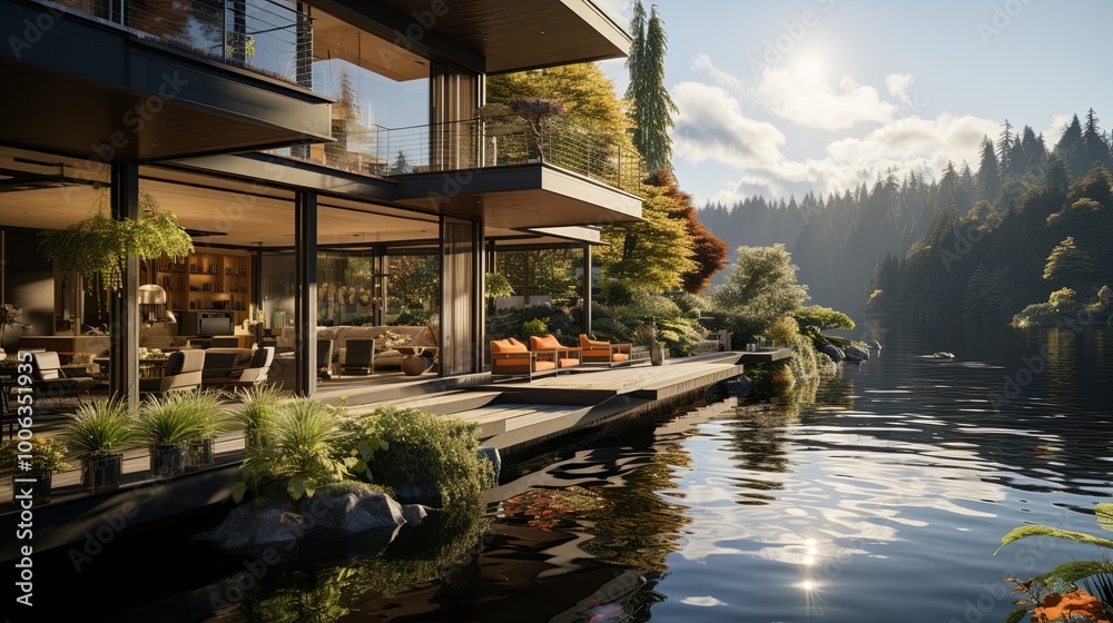 Obraz premium Modern Lakefront Residence with Expansive Windows Offering Panoramic Views of Serene Water and Lush Foliage