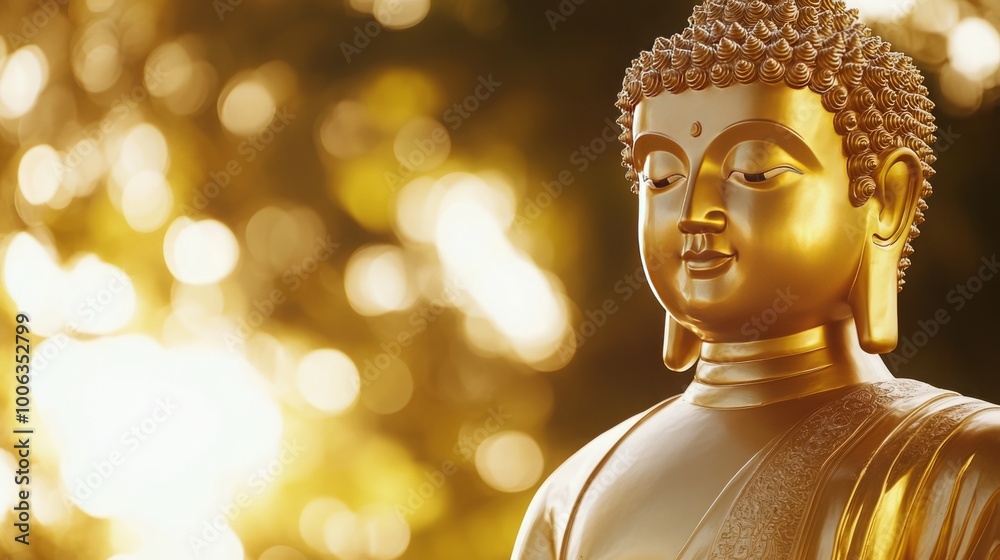 Golden Buddha statue with a serene expression in soft lighting. Golden Buddha statue with a serene expression in soft lighting.