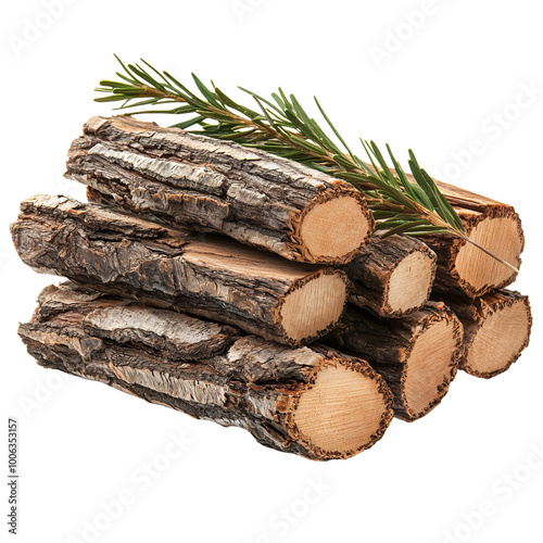 Firewood logs stacked with a sprig of greenery on top.