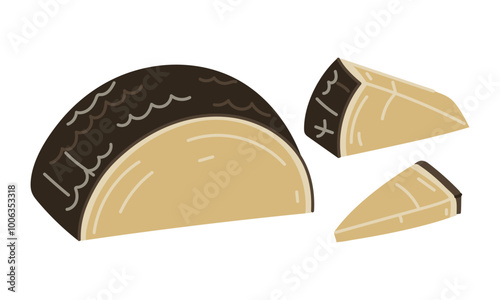 Hard cheese parmesan or pecorino Insulated set of half circle and triangular pieces conveniently sliced, vector illustration highlighted on a white background. For the menu of dairy products, cafes