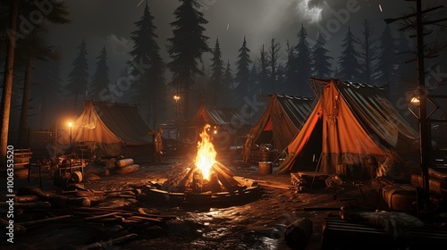 A flickering fire illuminates a makeshift camp nestled amidst a dense forest, casting long shadows on the weathered tents and the surrounding trees, as a light rain falls from the overcast sky.