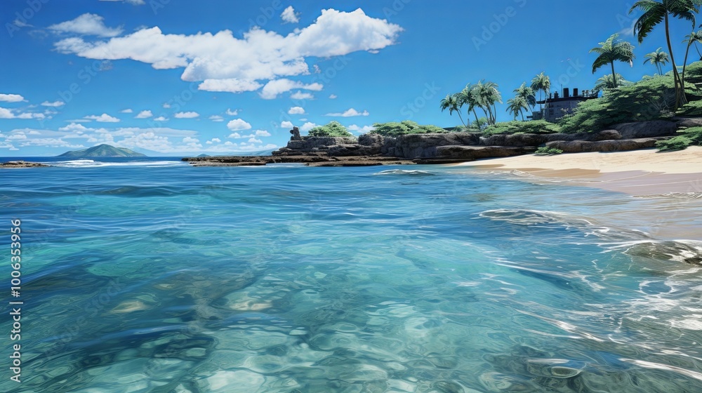 Fototapeta premium Crystal-Clear Waters Lapping on a Sandy Shore with Palm Trees Swaying in the Gentle Breeze