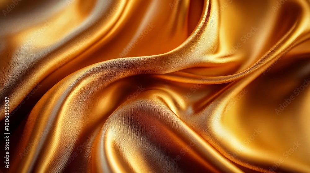 Fototapeta premium Smooth, shimmering golden fabric with elegant folds and curves.