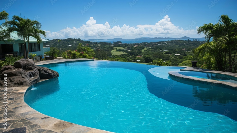 Fototapeta premium Serene Infinity Pool Overlooking a Verdant Landscape with a Glimpse of Blue Waters in the Distance